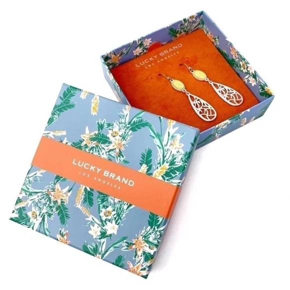 Lucky Brand Earrings Teardrop Dangle Silver Metal Yellow Stone New in Box NWT - Picture 2 of 7